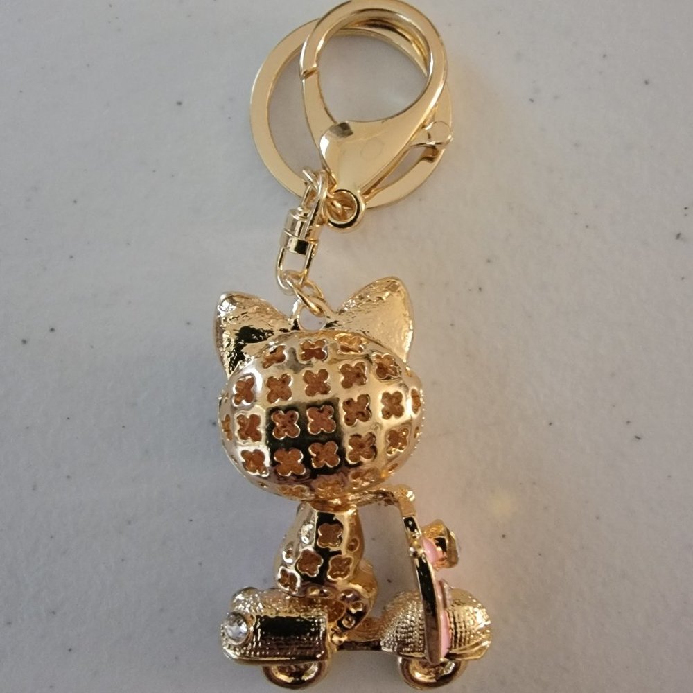 Rhinestone Cat Purse Charm Keychain Pink Crystal Kitty Scooter Handbag Charm - Picture 6 of 6